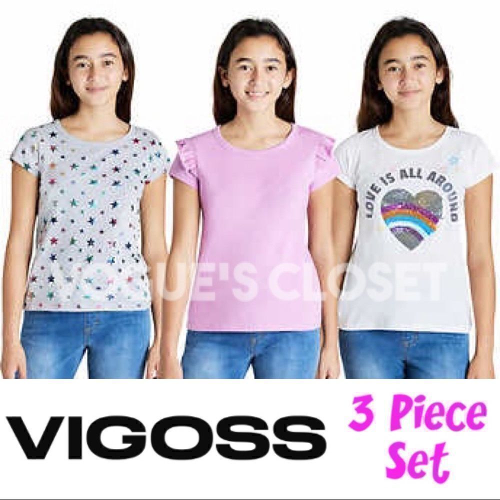 NEW! Vigoss Youth Girls 3-pack Tee Set, Hearts, Ruffles, Flip sequins - Sizes Sm